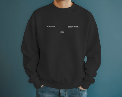 Black sweatshirt with white text on a blue background