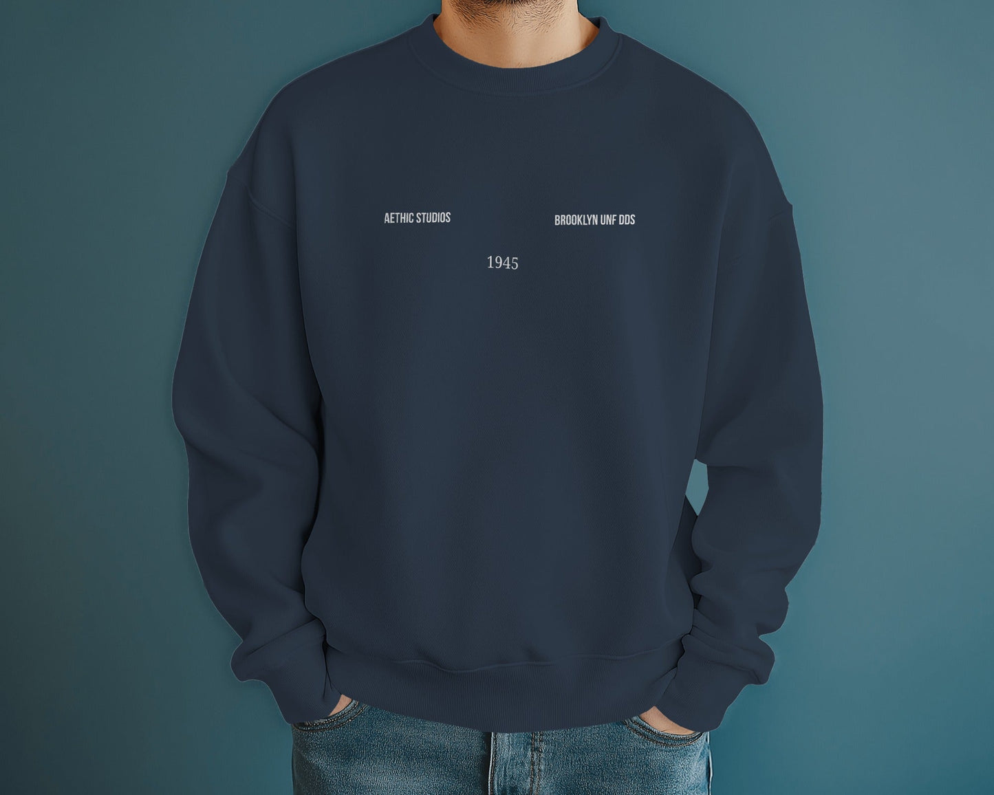Navy blue sweatshirt with white text on a solid background