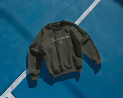 Black sweatshirt with text on a blue background