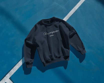 Black sweatshirt with text on a blue background